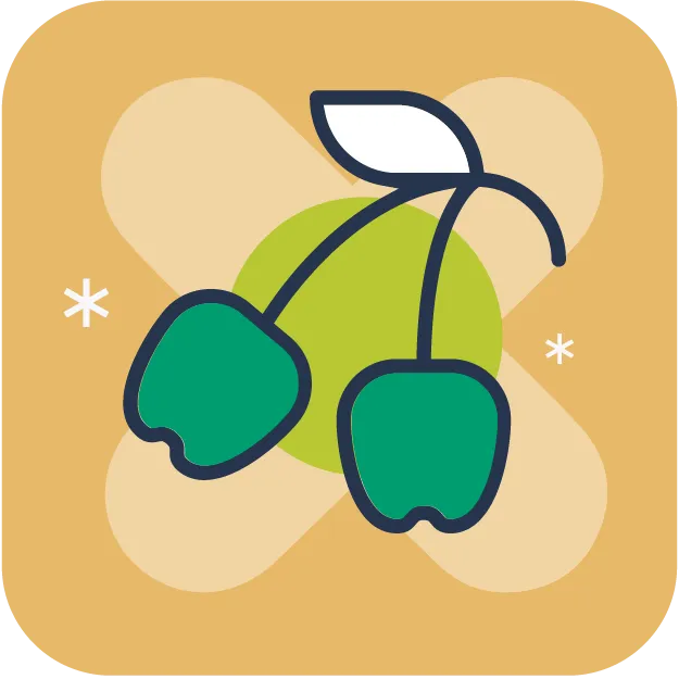Icon of two green cherries with a leaf on a yellow background