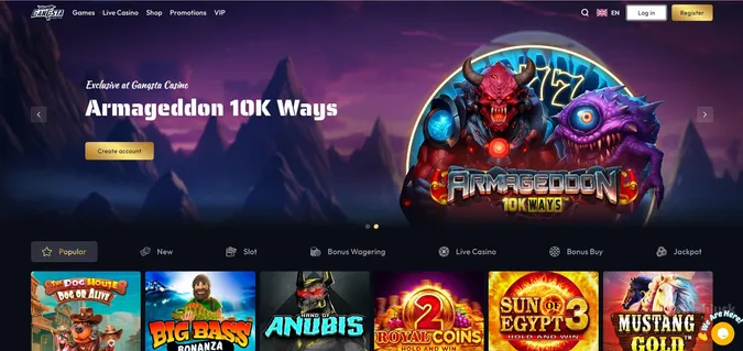 gansta casino homepage featuring the welcome bonus