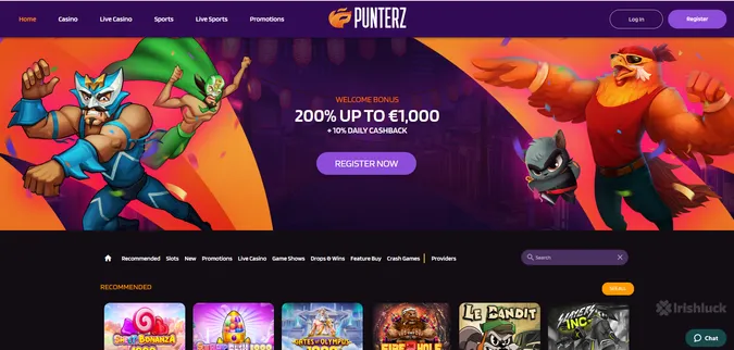 punterz casino homepage featuring the various hero figures and a welcome bonus with a purple register now button