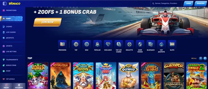 Wonaco casino homepage