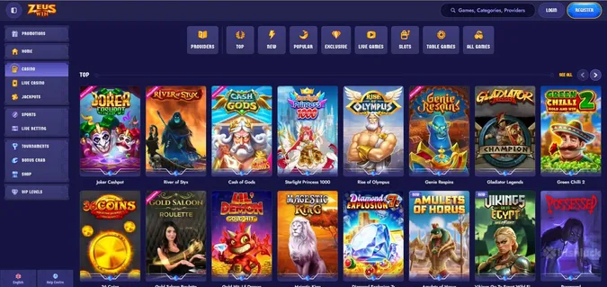 zeuswin casino homepage featuring the top slots and a menu