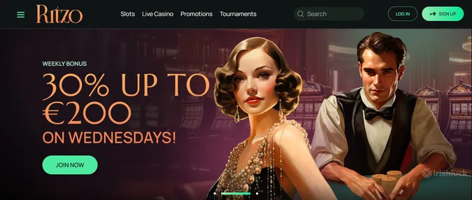 ritzo casino homepage featuring the welcome bonus, free spins, an 1920s themed characters