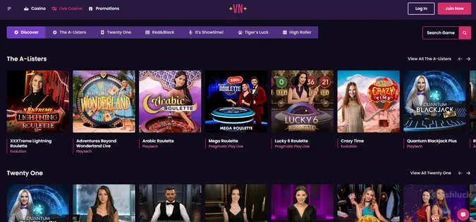 vegas now live casino selection of games