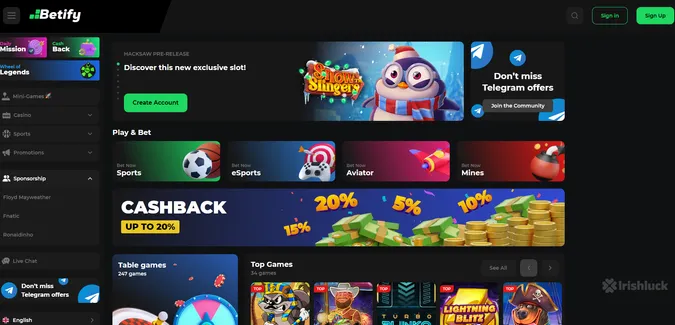 betify casino homepage featuring exclusive slots and bonuses