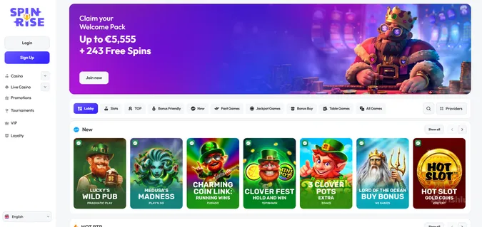 spinrise casino homepage featuring the free spins welcome bonus, games, and the irishluck logo