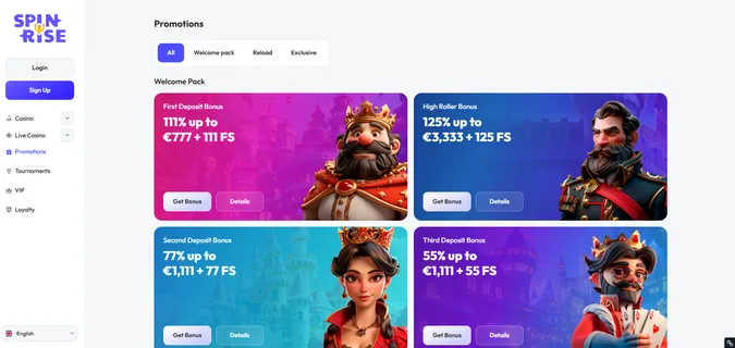 spinrise casino promotions featuring the royal themed mascots, different promotions and bonuses and the irishluck logo