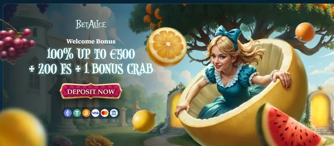 bet alice casino free spins bonus and bonus crab and the irishluck logo