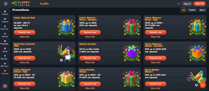 Screenshot of flappy casino promotions tab