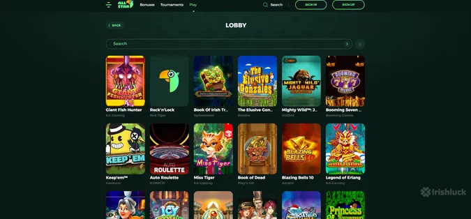 all star casino games featuring the top games and the irishluck logo