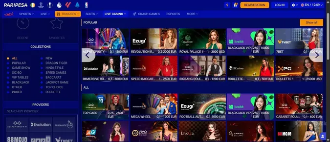 PariPesa casino selection of live dealer games