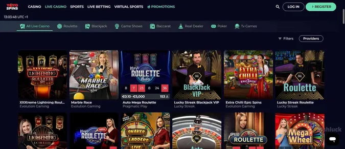 YoYoSpins Casino collection of live casino games