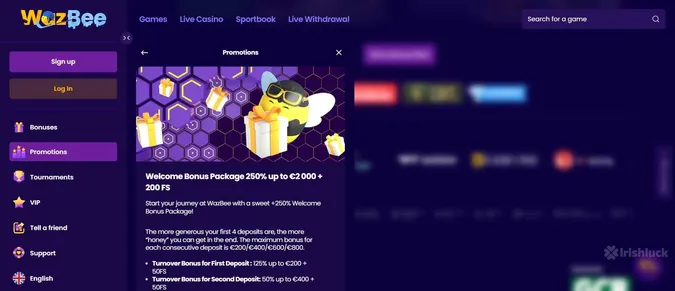 Wazbee Casino welcome bonus and promotions