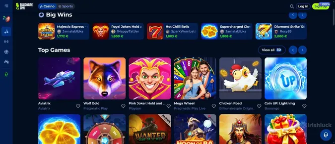 BillionaireSpin Casino collection of casino games