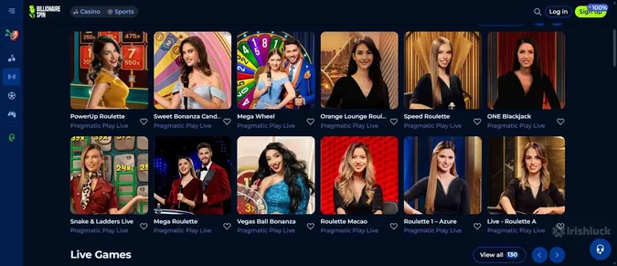 BillionaireSpin Casino collection of live casino games