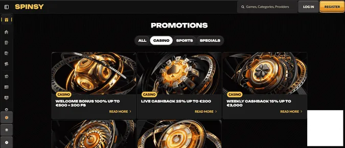 Spinsy casino welcome bonus and promotions