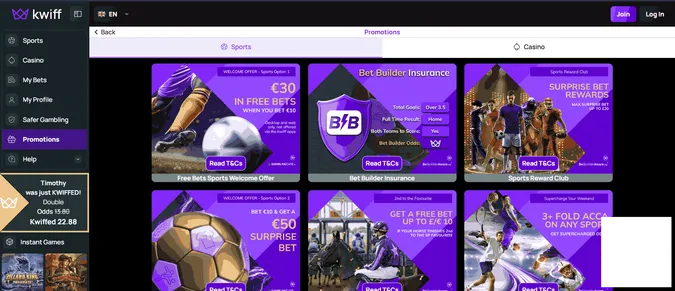 Kwiff Sportsbook Bonuses and promotions
