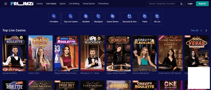 Frumzi Casino's collection of live dealer games