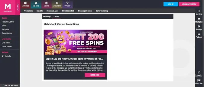 Matchbook casino bonuses and promotions