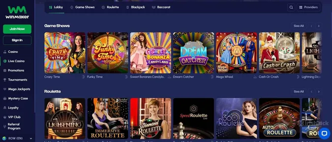 Winmaker casino's collection of live casino games