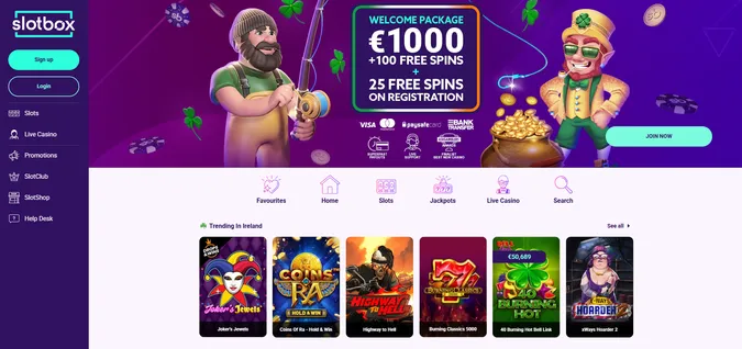 slotbox casino, casino on irishluck, homepage with the welcome bonus showing