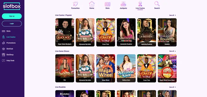 live casino games at slotbox casino and the irishluck logo
