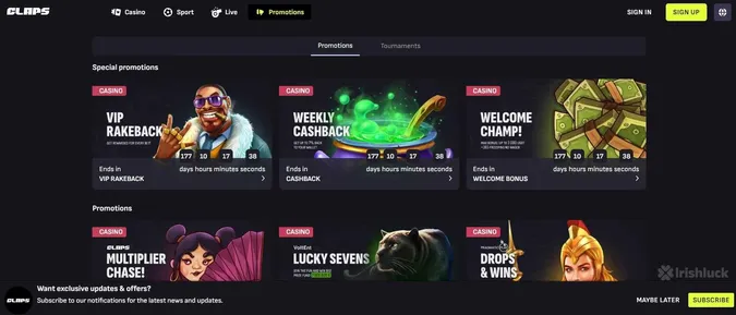 Claps Casino welcome bonuses and promotions