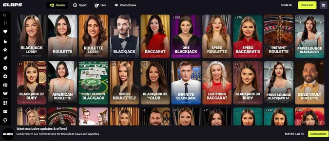 Claps Casino collection of live casino games
