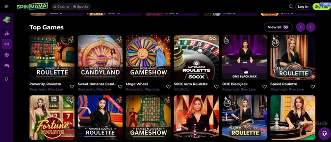 SpinMama Casino live casino games