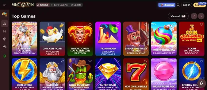 VinciSpin Casino's game collection