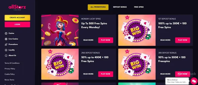 allStarz Casino welcome bonuses and promotions