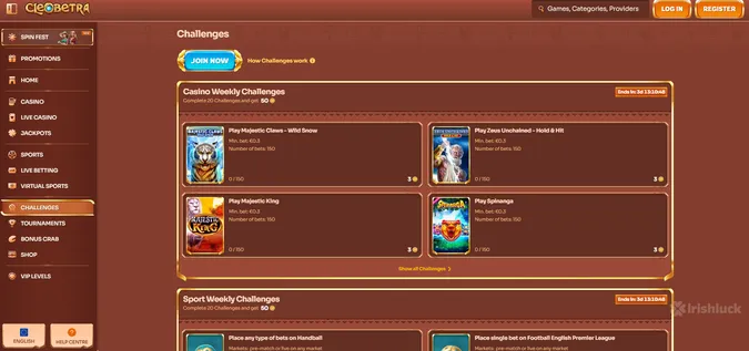 challenges on cleobetra casino for irish players and the irishluck logo