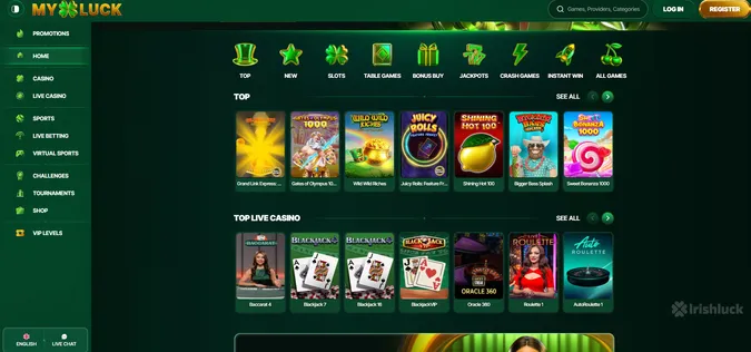 myluck homepage featuring the top games, navigation and the irishluck logo
