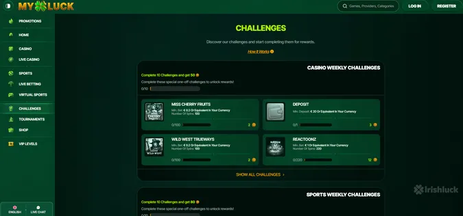 challenges found on myluck irish online casino