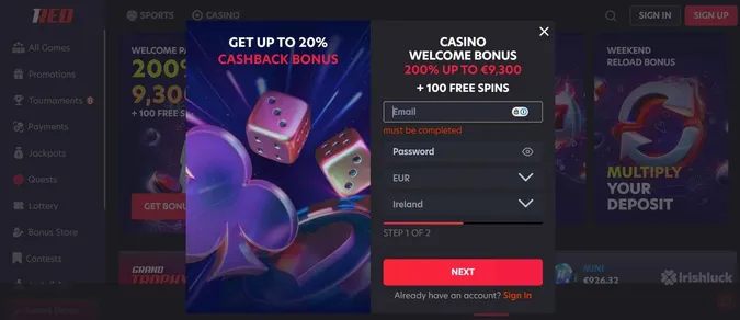 1Red Casino Welcome offer