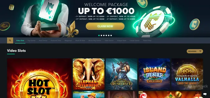 royalist play homepage featuring the welcome bonus and their best games and the irishluck logo