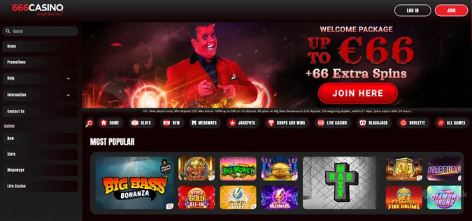 666 casino homepage featuring the welcome bonus and the top games and the irishluck logo