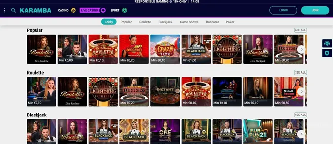 Live casino section at Karamba casino