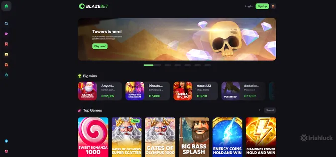 blazebet casino homepage and the irishluck logo