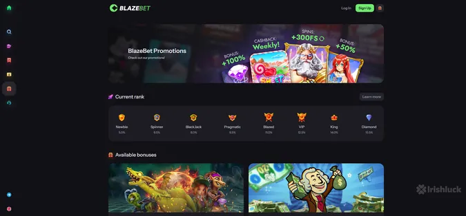 casino bonuses found on blazebet casino like cashback and free spins and the irishluck logo