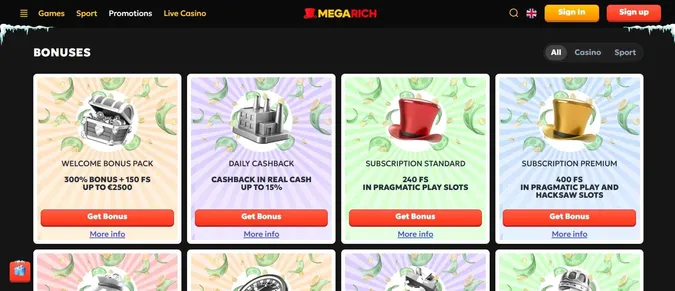 MegaRich Casino promotions and bonuses
