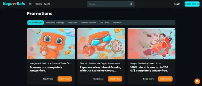 HugoBets Casino promotions
