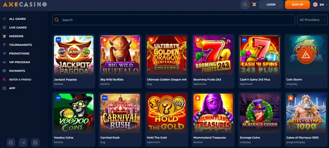 Axe Casino collection of casino games