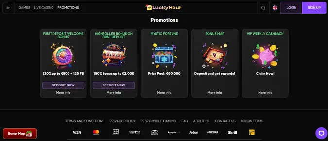 LuckyHour Casino welcome bonuses and promotions