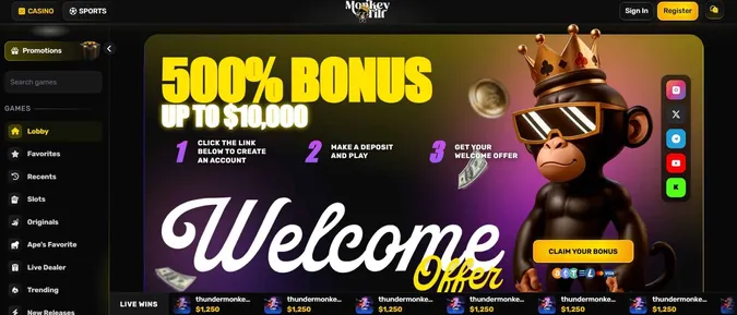 Monkey Tilt Casino Welcome offer