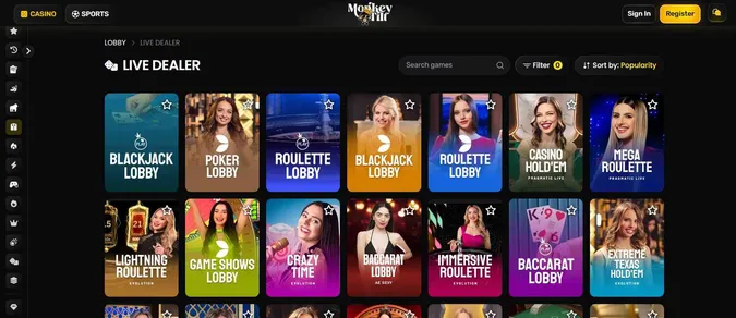 Monkey Tilt live casino games