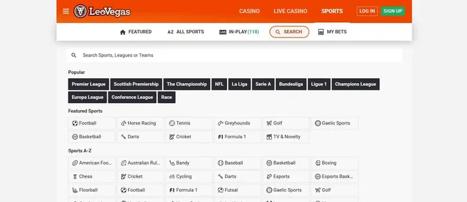 LeoVegas Sportsbook homepage