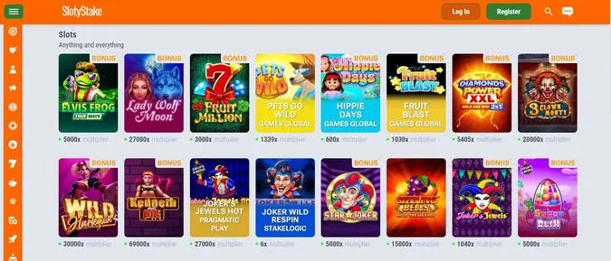 Collection of games at SlotyStake Casino