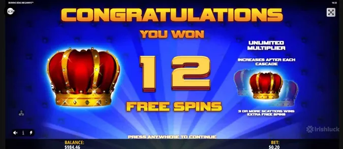 Free spins feature of Shining King Megaways Slot