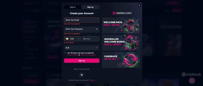 Betsio.com Casino registration page showing bonuses