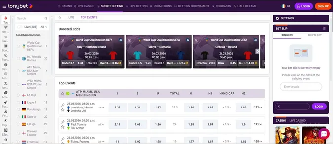 Homepage of Tonybet sportsbook